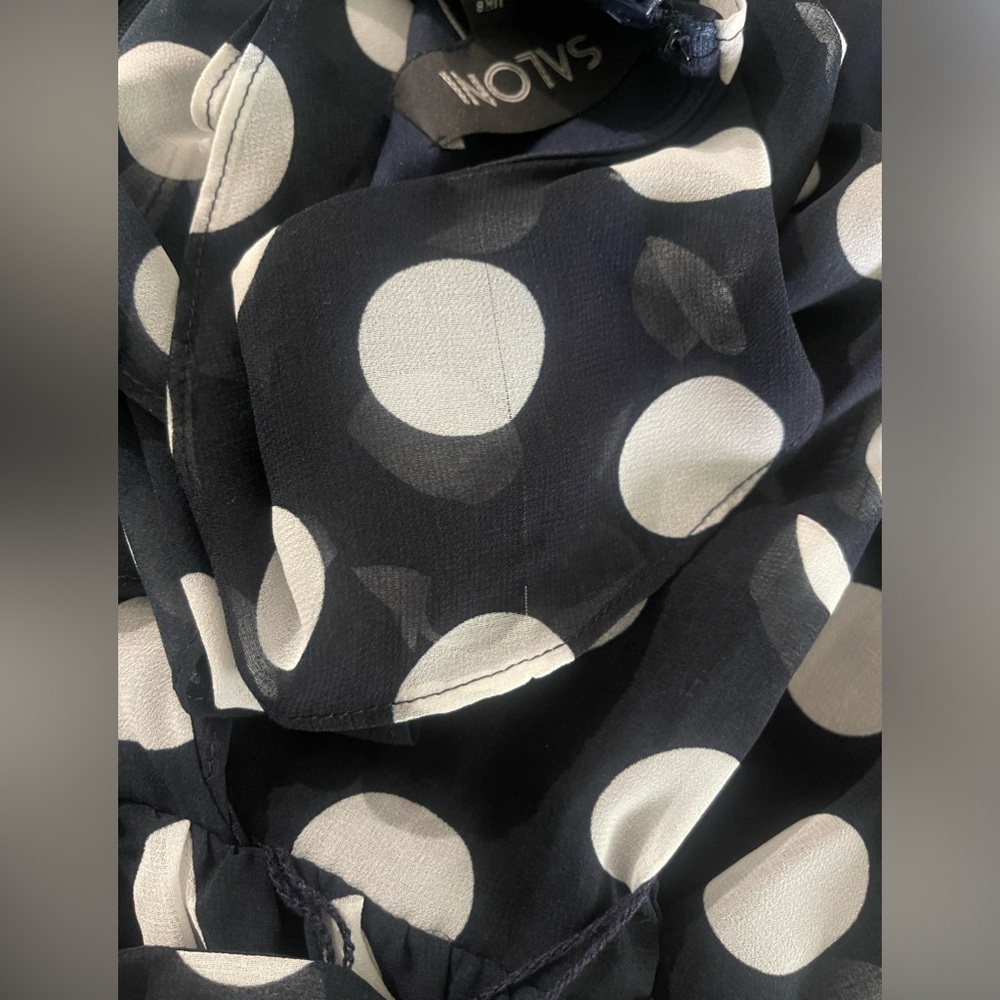 SALONI Flowy Sleeveless Navy Ruffle Wrap Dress with White Polkadots Sz 4 Summer - Picture 15 of 15